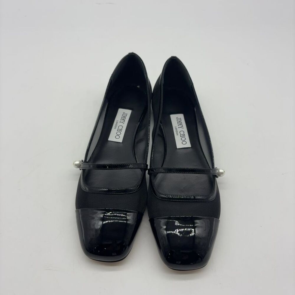 Jimmy Choo Black Patent & Leather Mary Jane Flats with Pearl Accent